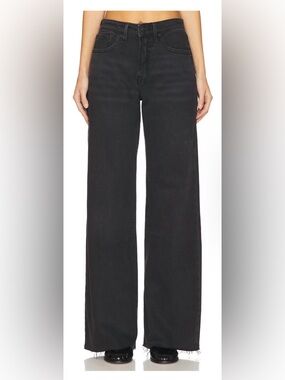 Good American Black Wide-Leg Flare Jeans with Raw Hem